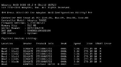 Сообщения в BIOS при инициализации Adaptec 5805Z